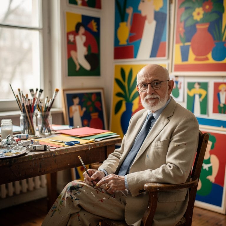 Älterer Künstler mit Pinsel sitzt in farbenfroh dekoriertem Atelier, umgeben von Gemälden und Malutensilien am Fenster.