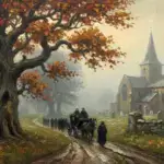 Menschen gehen bei herbstlicher Landschaft mit großer Baum und Kirche an einem Feldweg entlang.